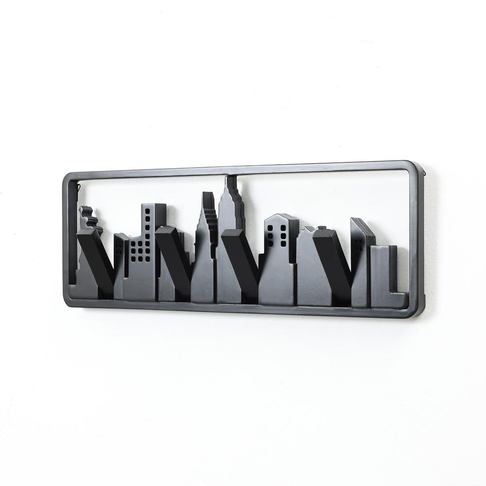 Black Wood 4-Hook Skyscraper Wall-Mounted Coat and Towel Rack. Picture 1
