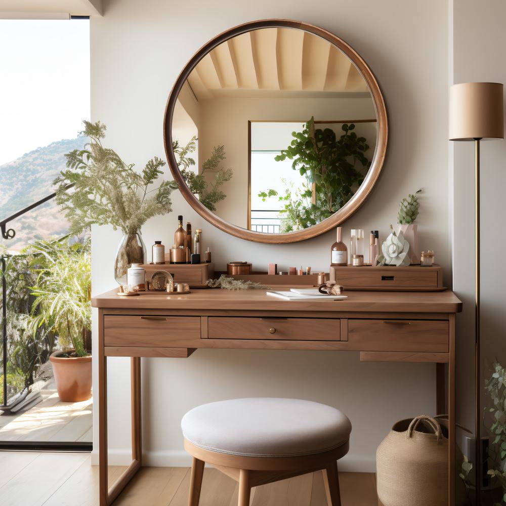 LuxenHome Natural Rubberwood Frame Round Wall Mirror. Picture 7