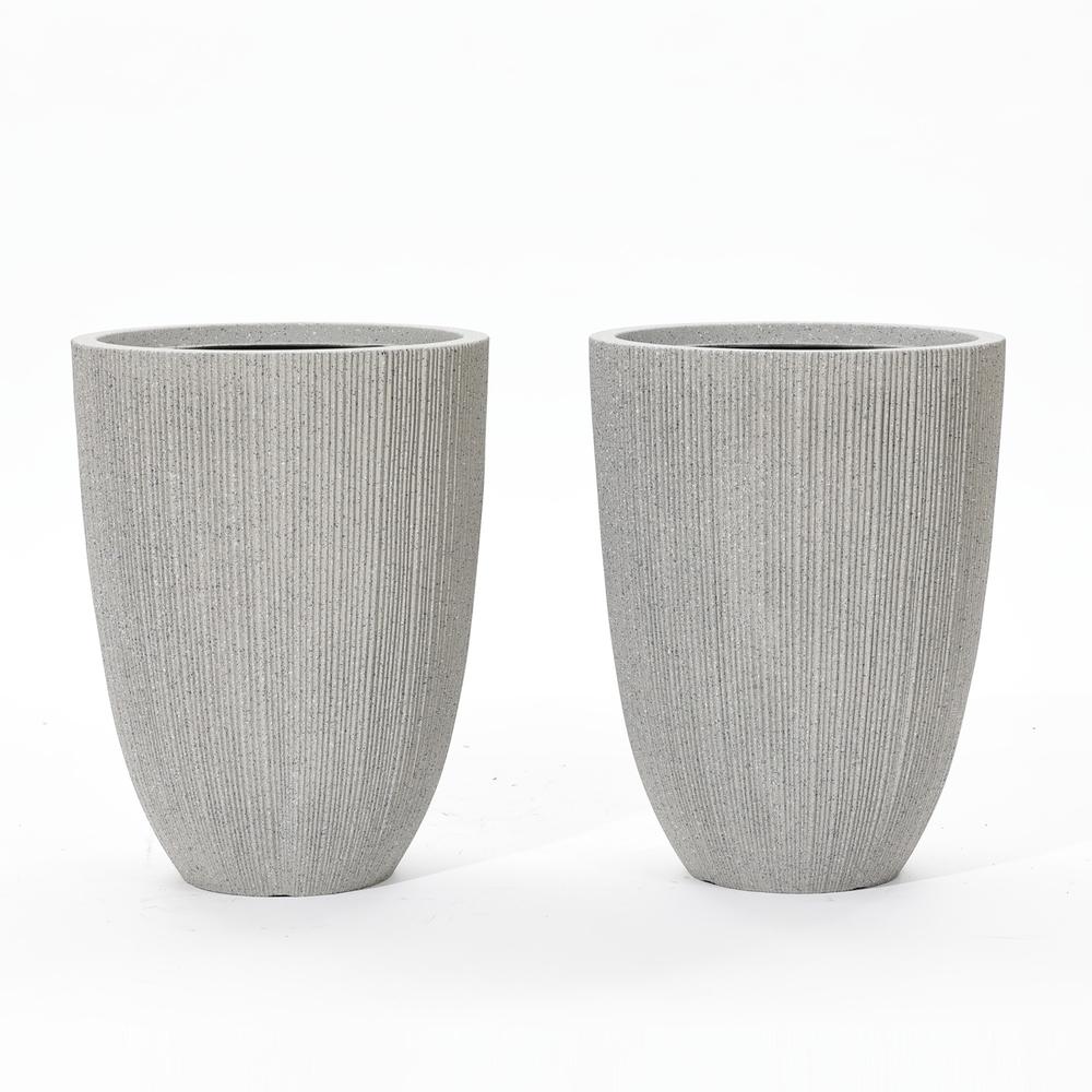 2-Piece Tall Tapered Round Plastic Planters Set, Mediterranean Gray. Picture 1