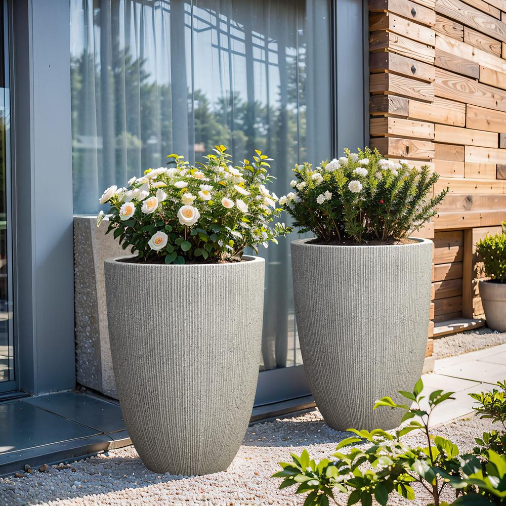 2-Piece Tall Tapered Round Plastic Planters Set, Mediterranean Gray. Picture 6