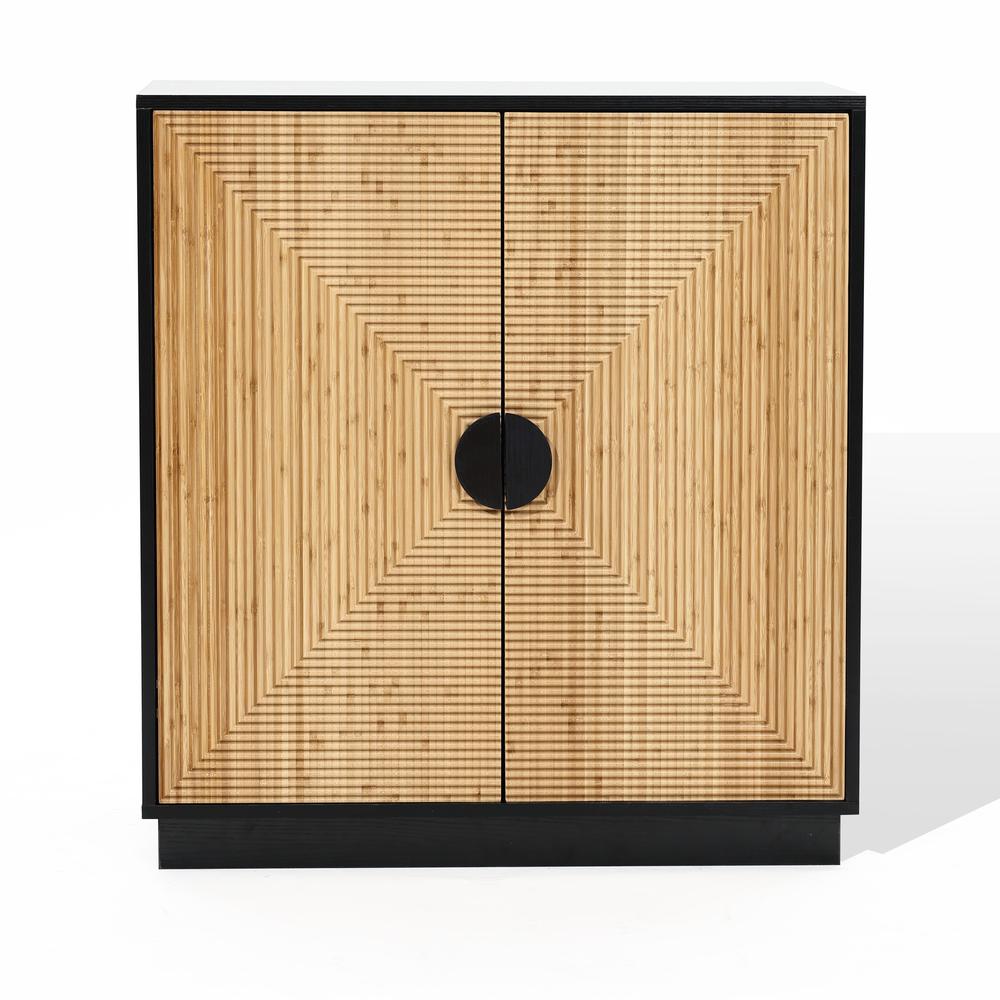 Modern Boho 2-Door Black Accent Cabinet with Bamboo Strips. Picture 1