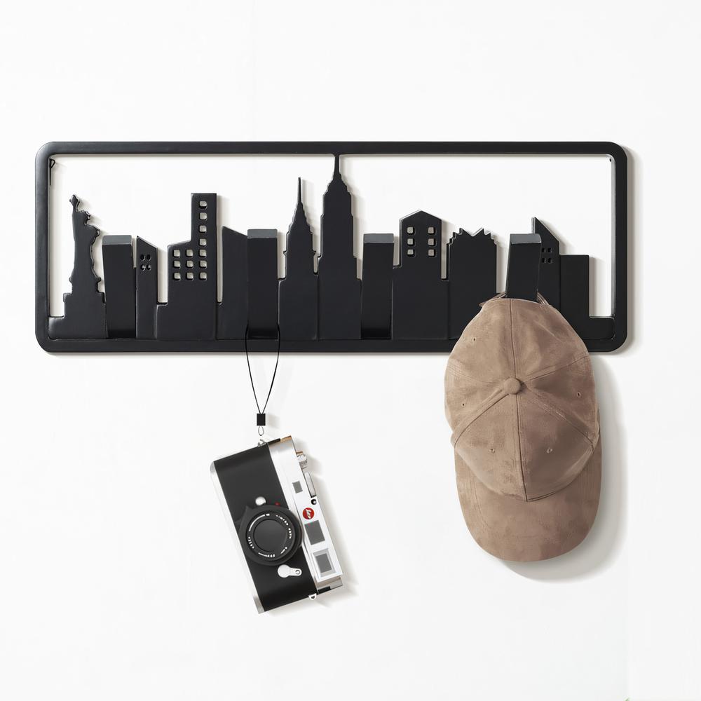 Black Wood 4-Hook Skyscraper Wall-Mounted Coat and Towel Rack. Picture 5