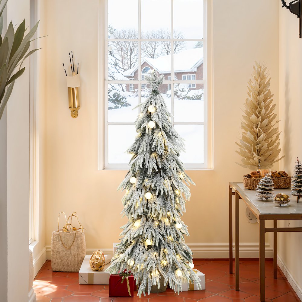 LuxenHome 4.5Ft Pre-Lit Snow Flocked Slender Fir Artificial Christmas Tree. Picture 2