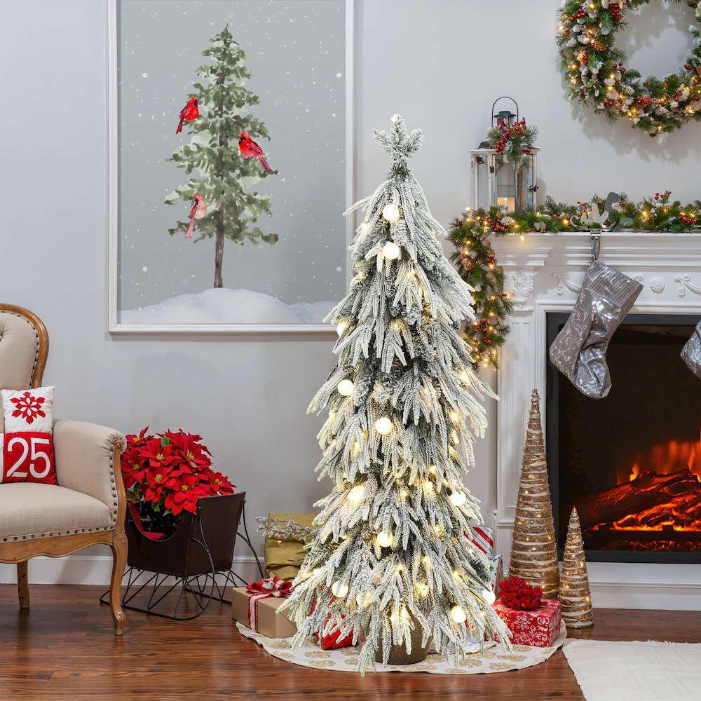 LuxenHome 4.5Ft Pre-Lit Snow Flocked Slender Fir Artificial Christmas Tree. Picture 4