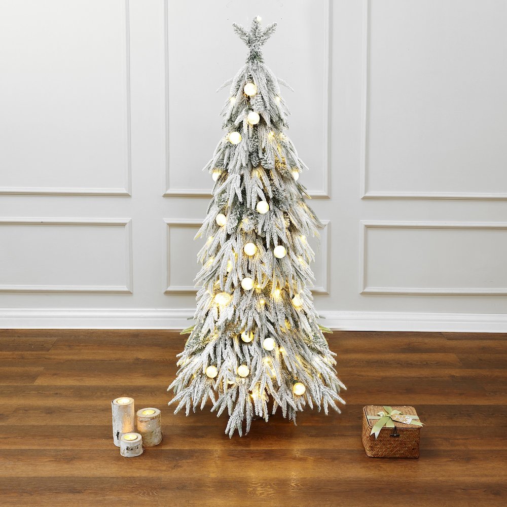 LuxenHome 4.5Ft Pre-Lit Snow Flocked Slender Fir Artificial Christmas Tree. Picture 5