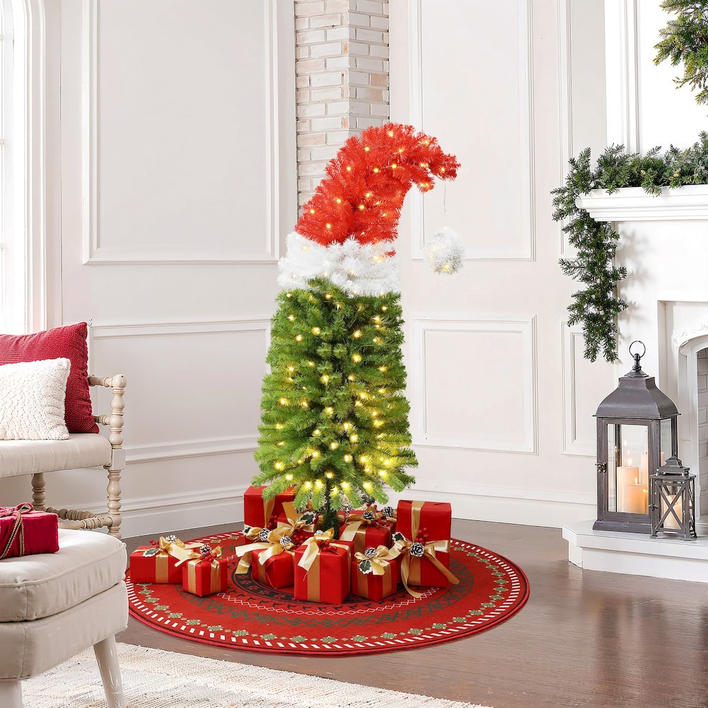 LuxenHome 5Ft Pre-Lit Artificial Tree with Santa Hat Treetop. Picture 2