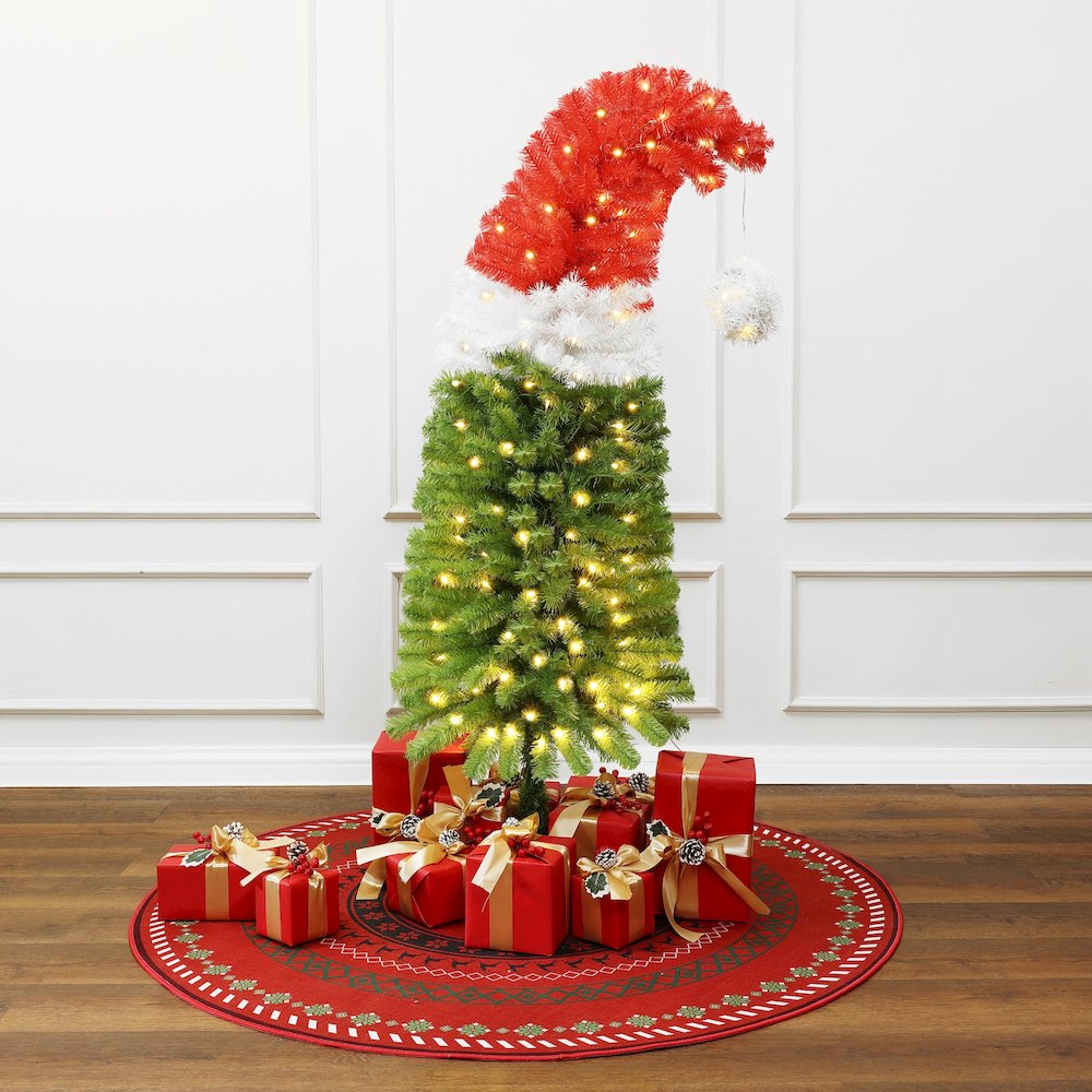 LuxenHome 5Ft Pre-Lit Artificial Tree with Santa Hat Treetop. Picture 4
