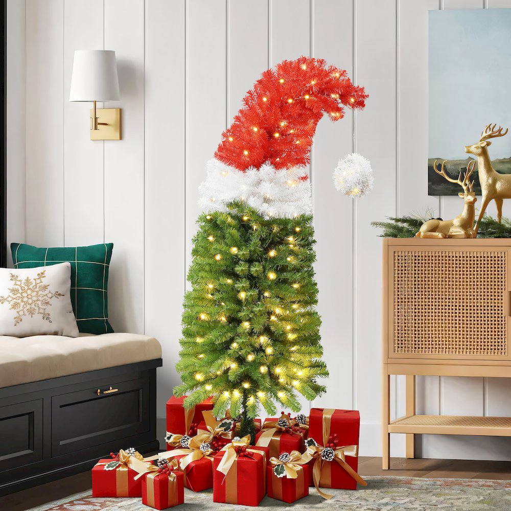 LuxenHome 5Ft Pre-Lit Artificial Tree with Santa Hat Treetop. Picture 5