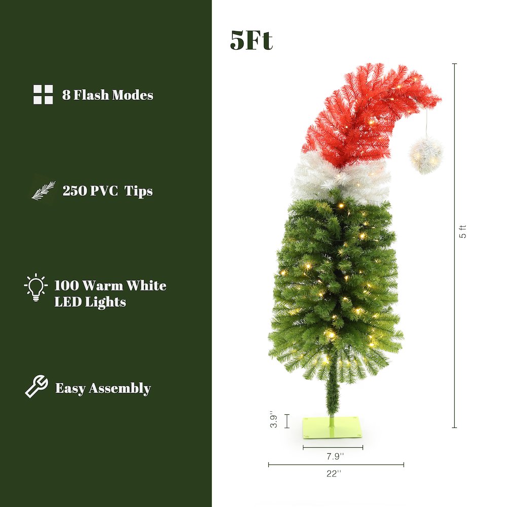 LuxenHome 5Ft Pre-Lit Artificial Tree with Santa Hat Treetop. Picture 8