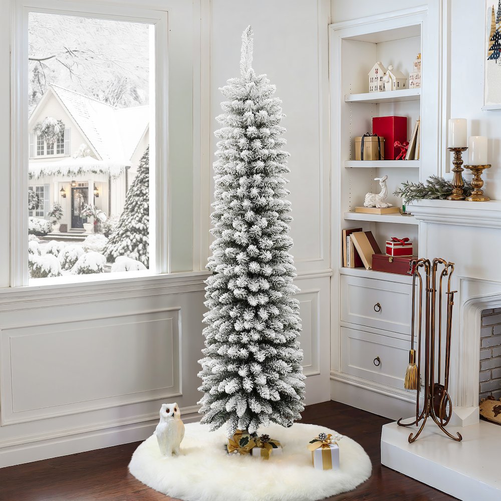 LuxenHome 6Ft Pencil Slim Artificial Flocked Green Christmas Tree. Picture 2