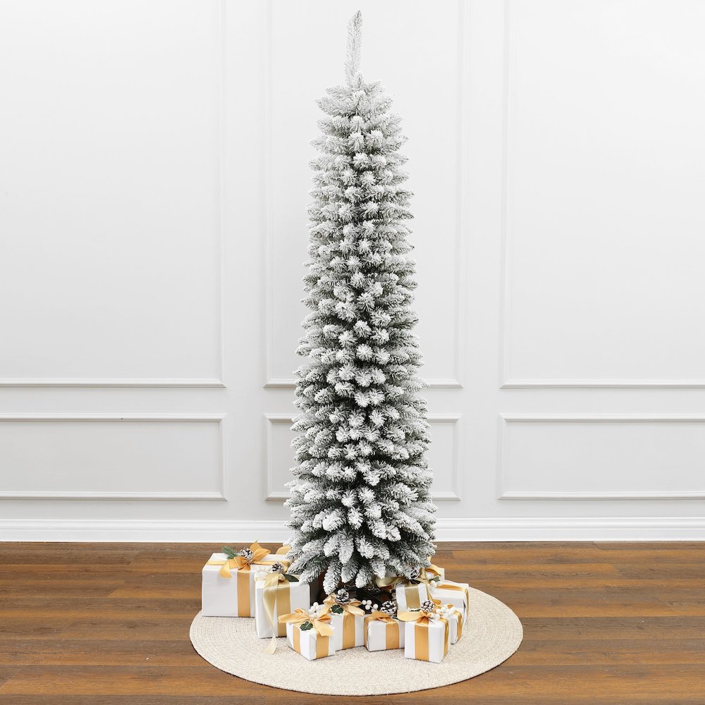 LuxenHome 6Ft Pencil Slim Artificial Flocked Green Christmas Tree. Picture 6