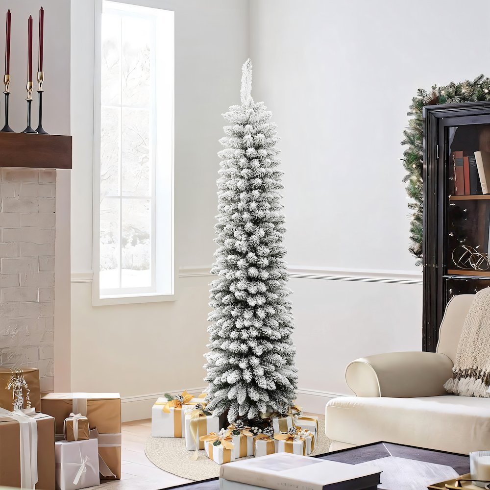LuxenHome 6Ft Pencil Slim Artificial Flocked Green Christmas Tree. Picture 4