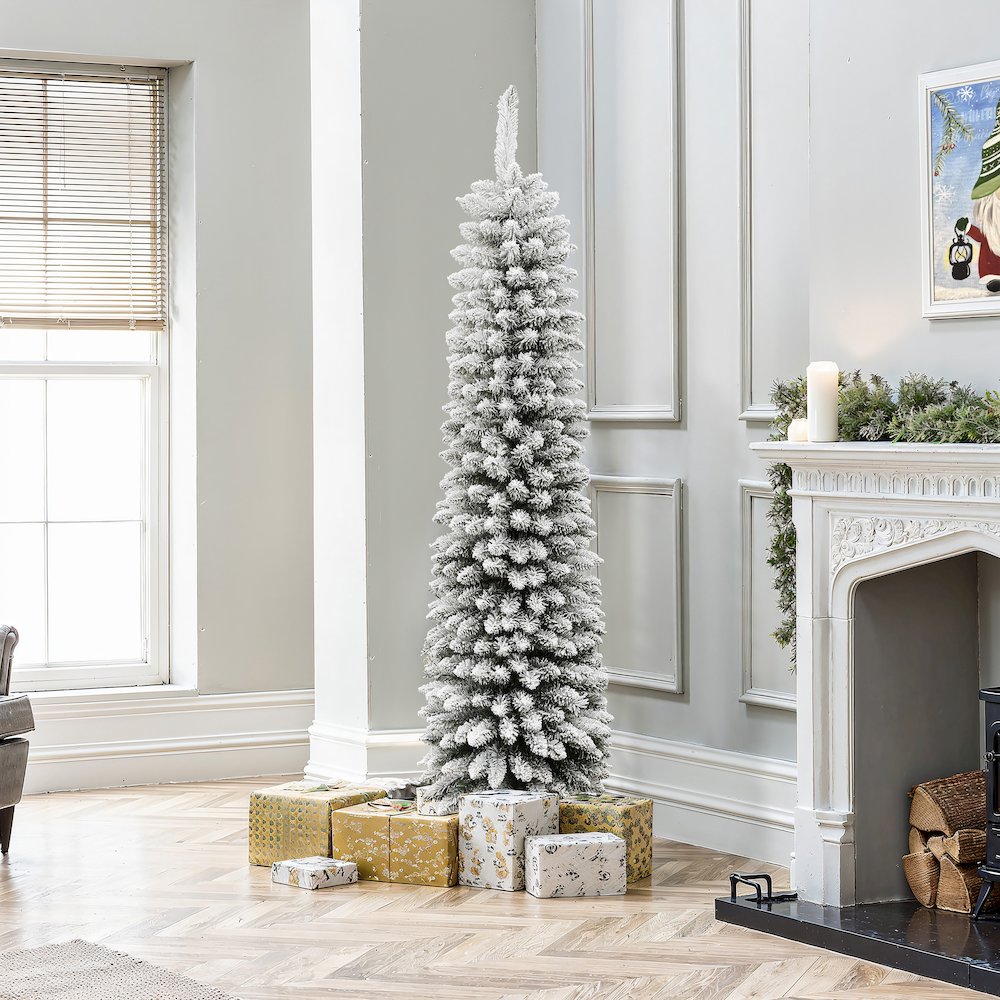 LuxenHome 6Ft Pencil Slim Artificial Flocked Green Christmas Tree. Picture 3