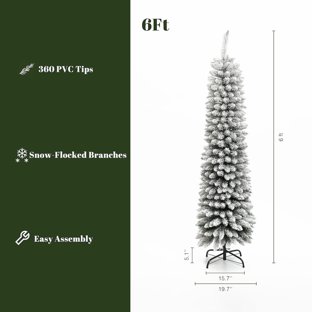 LuxenHome 6Ft Pencil Slim Artificial Flocked Green Christmas Tree. Picture 7