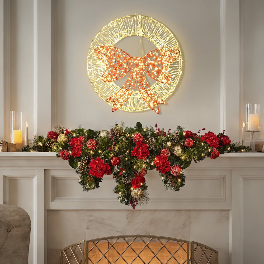 1.6Ft Round Light Wreath and Red Light Bow Holiday Decoration with Timer. Picture 2