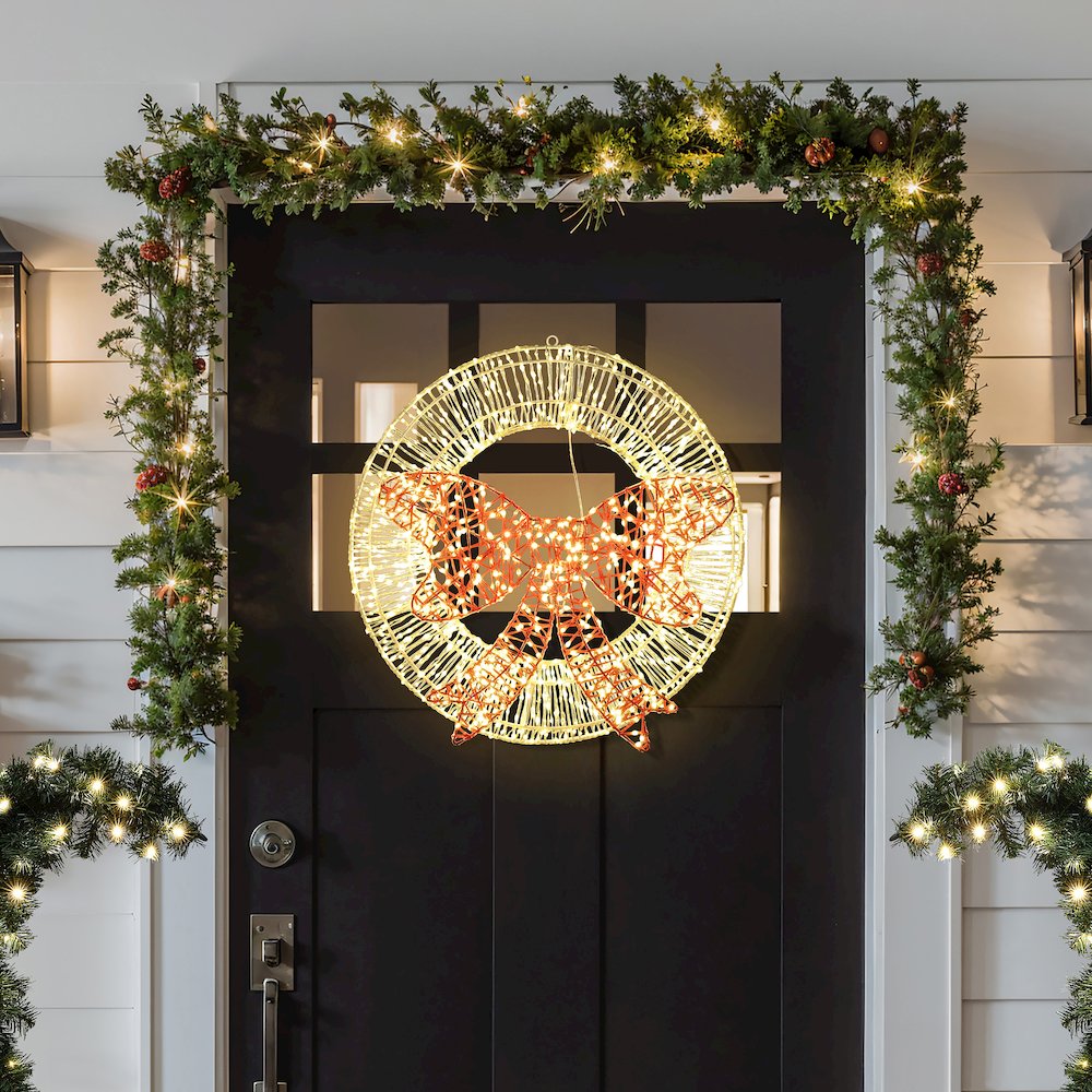 1.6Ft Round Light Wreath and Red Light Bow Holiday Decoration with Timer. Picture 5