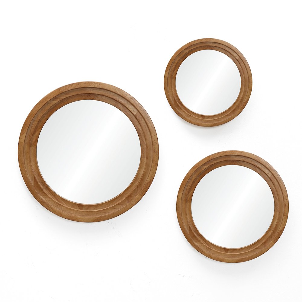 3-Piece Round Rubberwood Frame Accent Wall Mirror Set. Picture 1