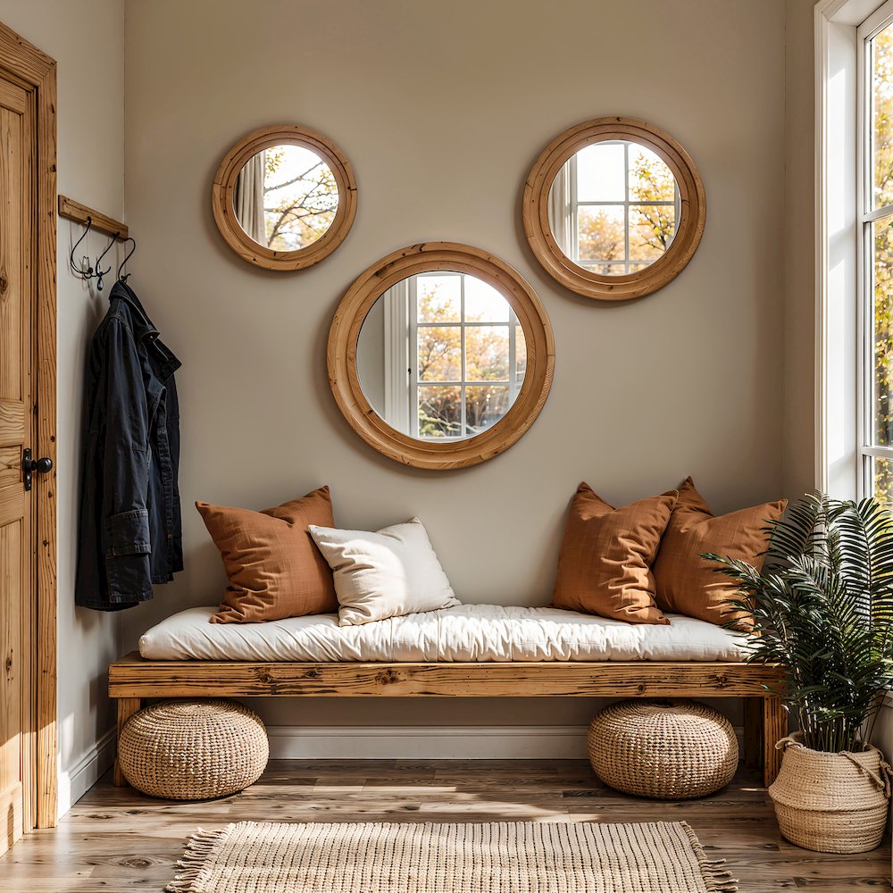 3-Piece Round Rubberwood Frame Accent Wall Mirror Set. Picture 2