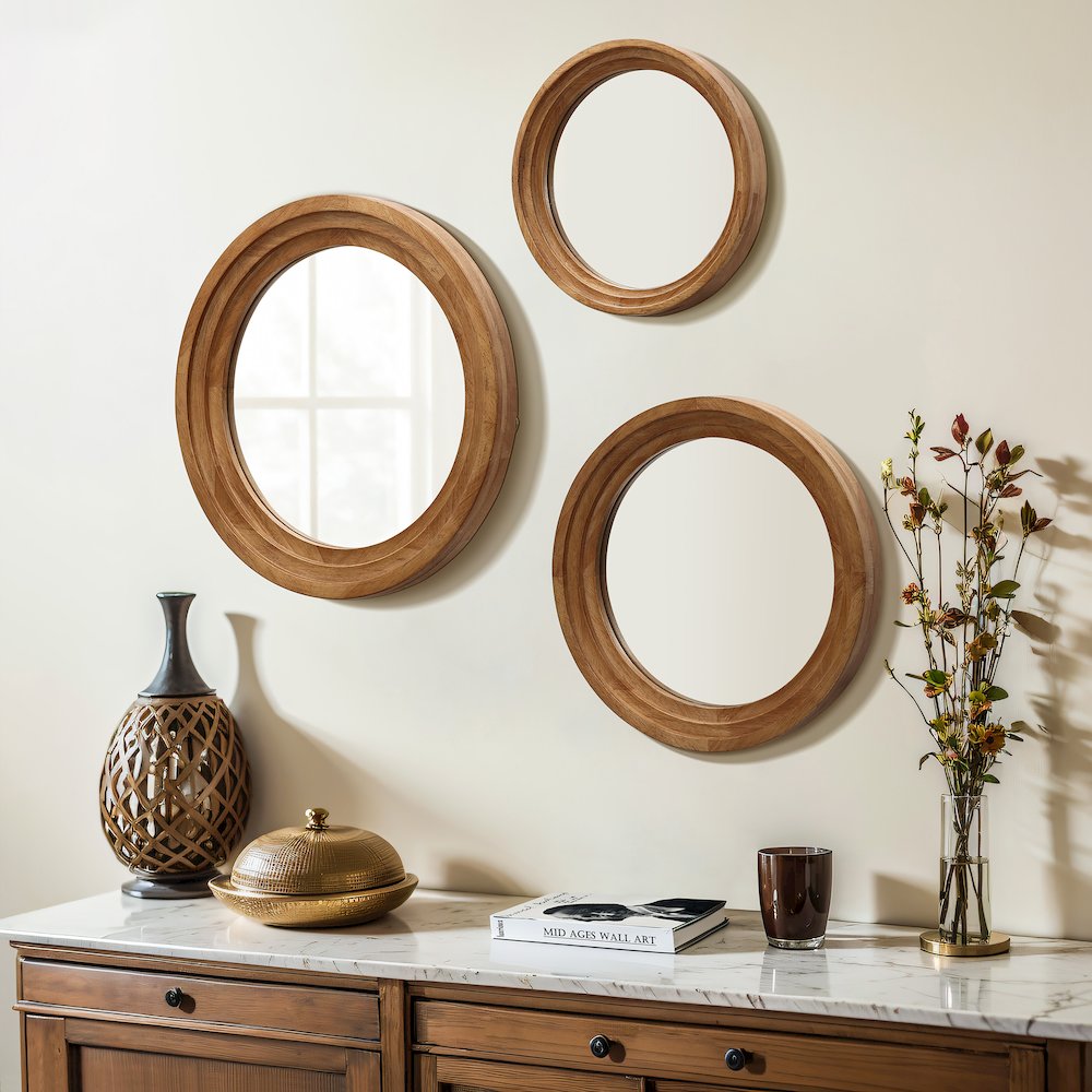 3-Piece Round Rubberwood Frame Accent Wall Mirror Set. Picture 3