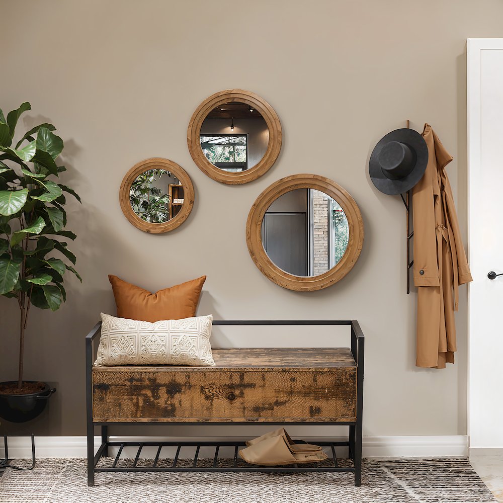 3-Piece Round Rubberwood Frame Accent Wall Mirror Set. Picture 4