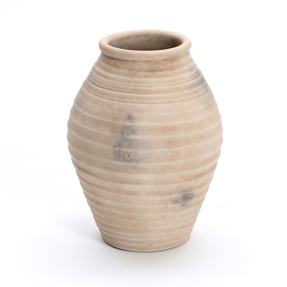Rustic Brown Ribbed Terracotta 13.2-Inch Tall Urn Vase. Picture 1