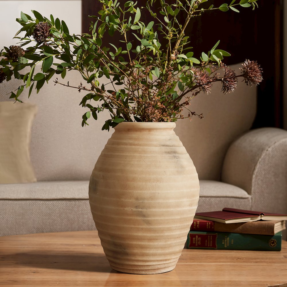 Rustic Brown Ribbed Terracotta 13.2-Inch Tall Urn Vase. Picture 2