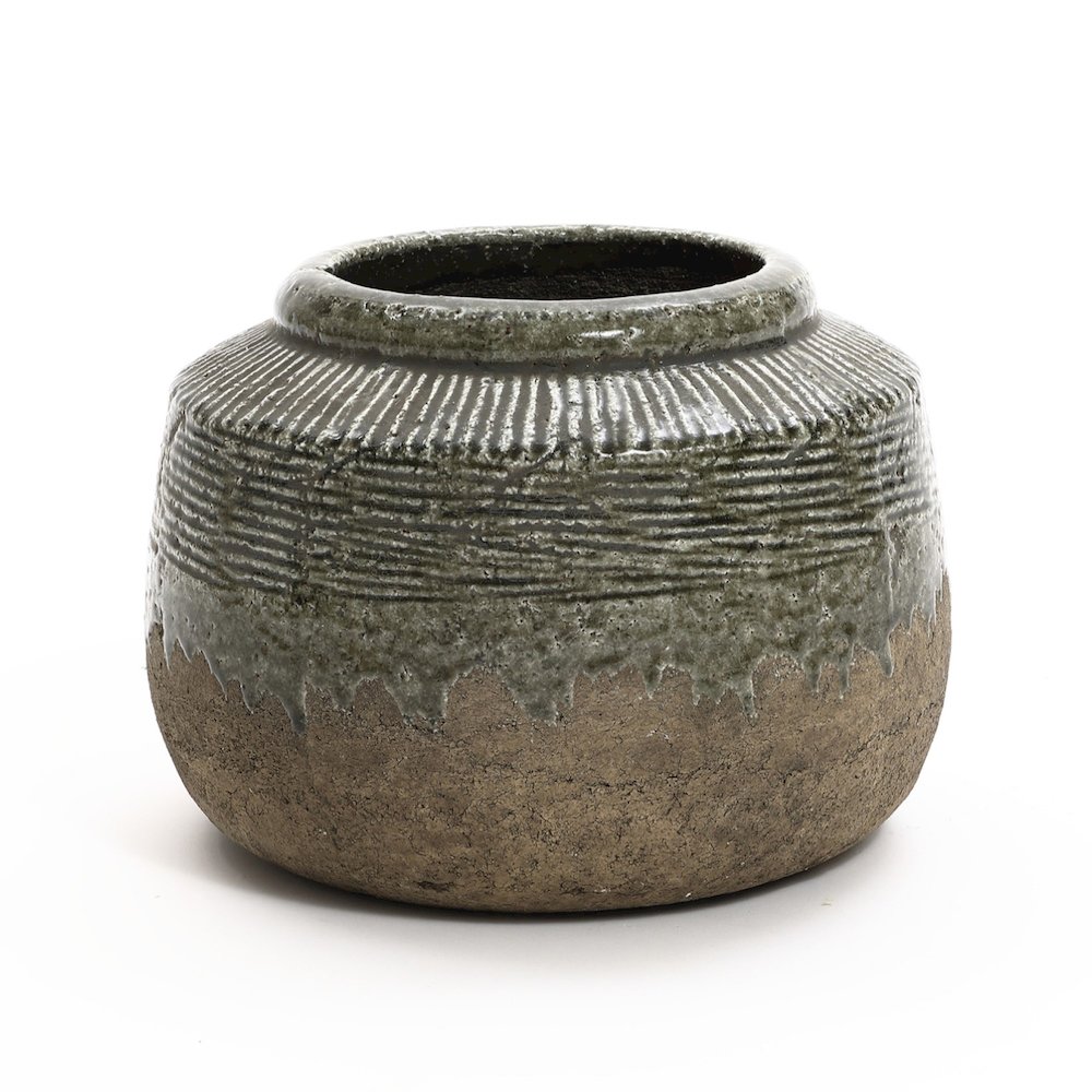 Rustic Brown and Green Stoneware Round Bowl Vase, Indoor and Outdoor. Picture 1