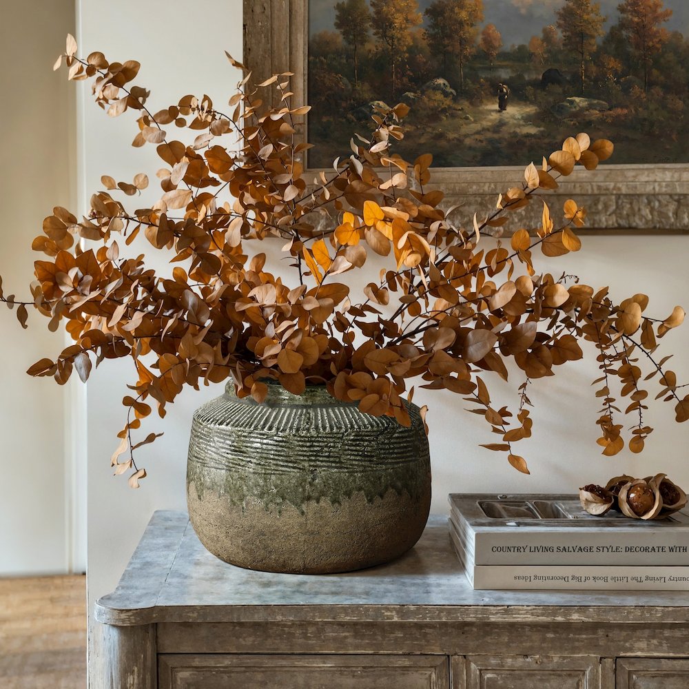 Rustic Brown and Green Stoneware Round Bowl Vase, Indoor and Outdoor. Picture 2