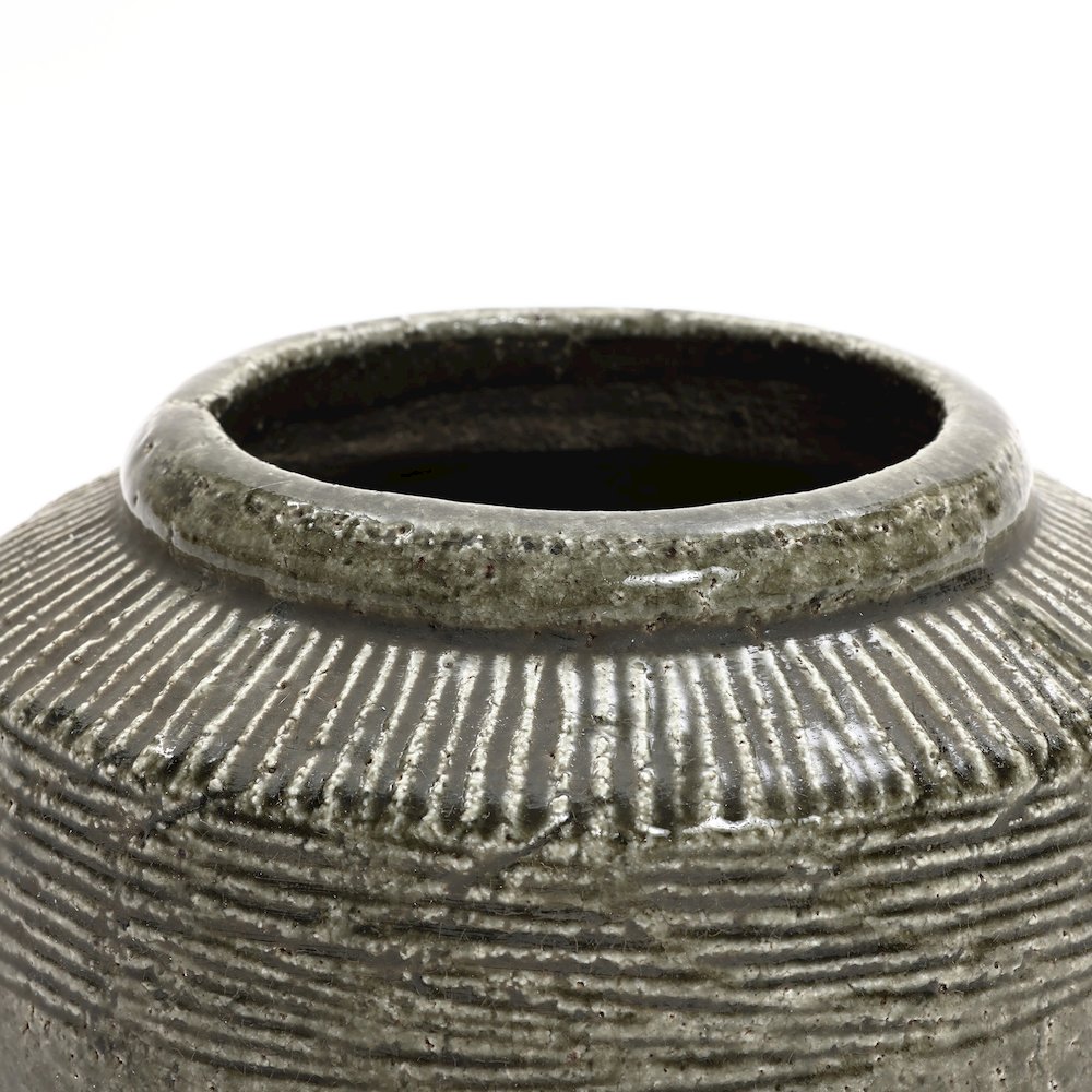 Rustic Brown and Green Stoneware Round Bowl Vase, Indoor and Outdoor. Picture 4
