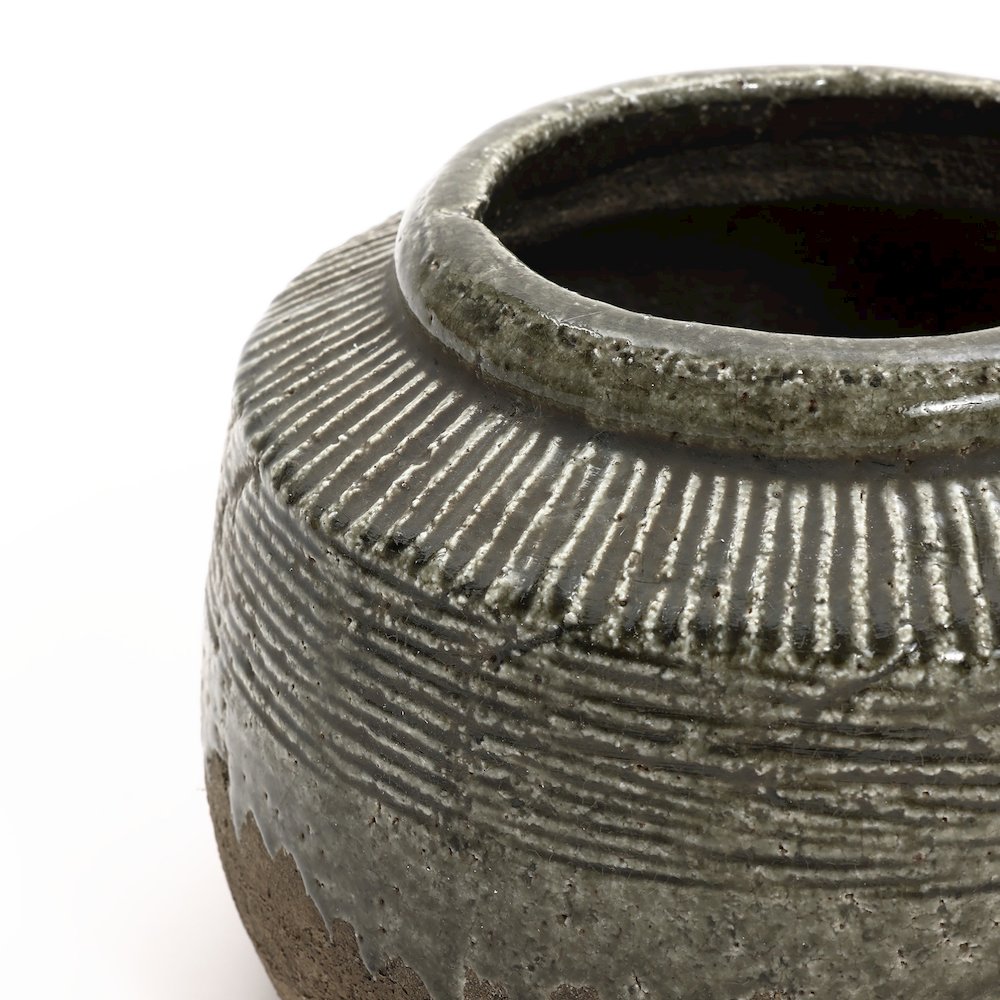 Rustic Brown and Green Stoneware Round Bowl Vase, Indoor and Outdoor. Picture 5