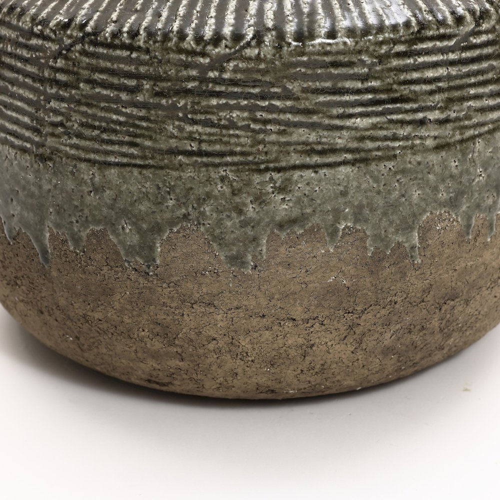 Rustic Brown and Green Stoneware Round Bowl Vase, Indoor and Outdoor. Picture 6
