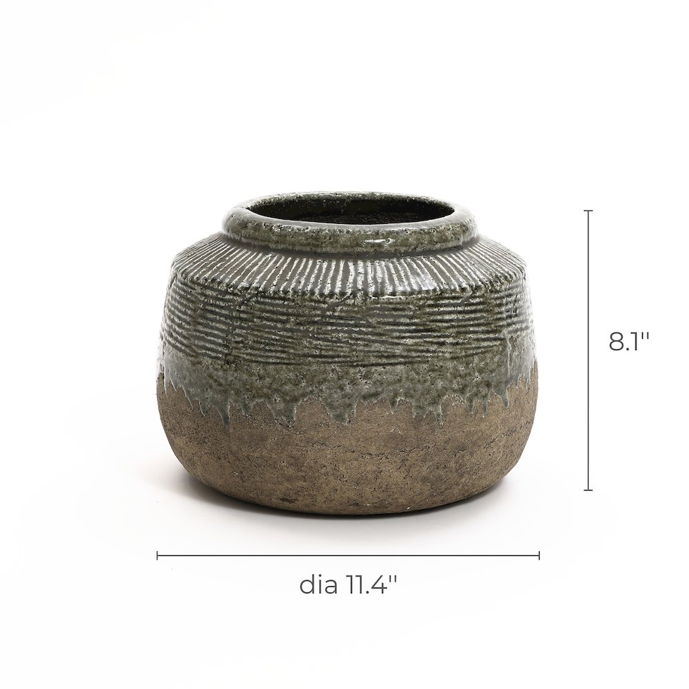 Rustic Brown and Green Stoneware Round Bowl Vase, Indoor and Outdoor. Picture 7