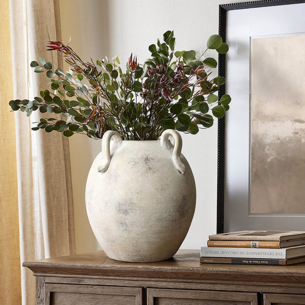 Multi Gray and White Terracotta 11-Inch Tall Vase with Handles. Picture 2