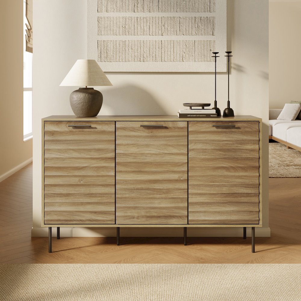 Mid-Century Modern Wave 3-Door 55.1-Inch Wide Kitchen Sideboard Cabinet. Picture 2