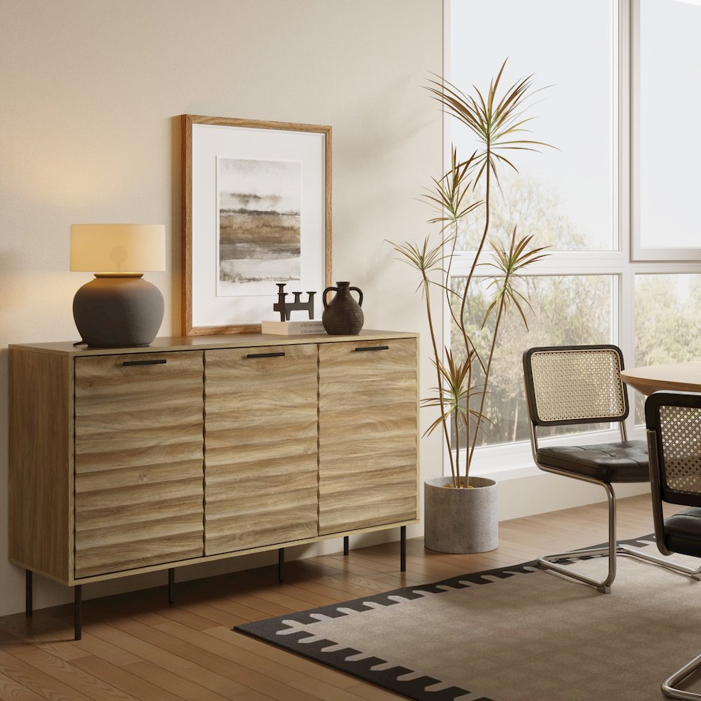 Mid-Century Modern Wave 3-Door 55.1-Inch Wide Kitchen Sideboard Cabinet. Picture 3