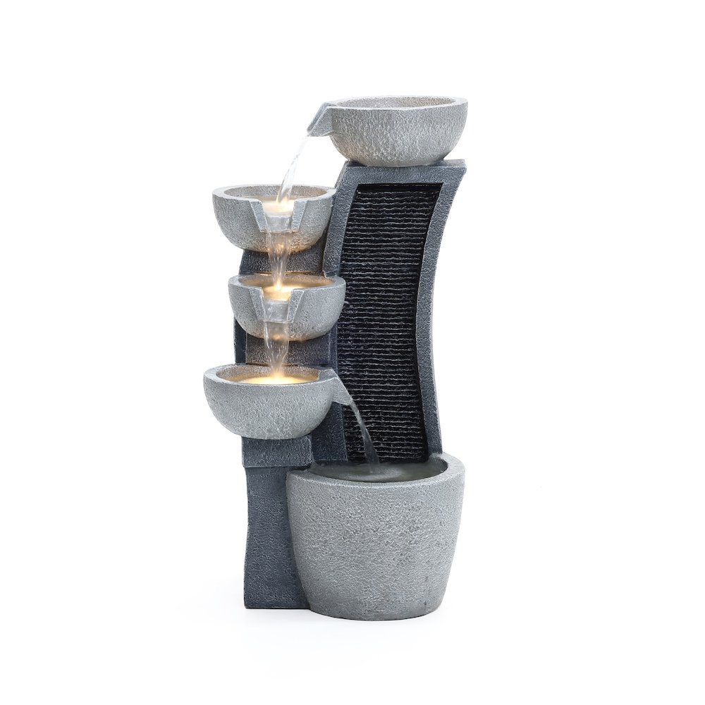 5-Bowl Multi-Gray Modern Sculpture 26-Inch Tall Resin Fountain with Lights. Picture 1