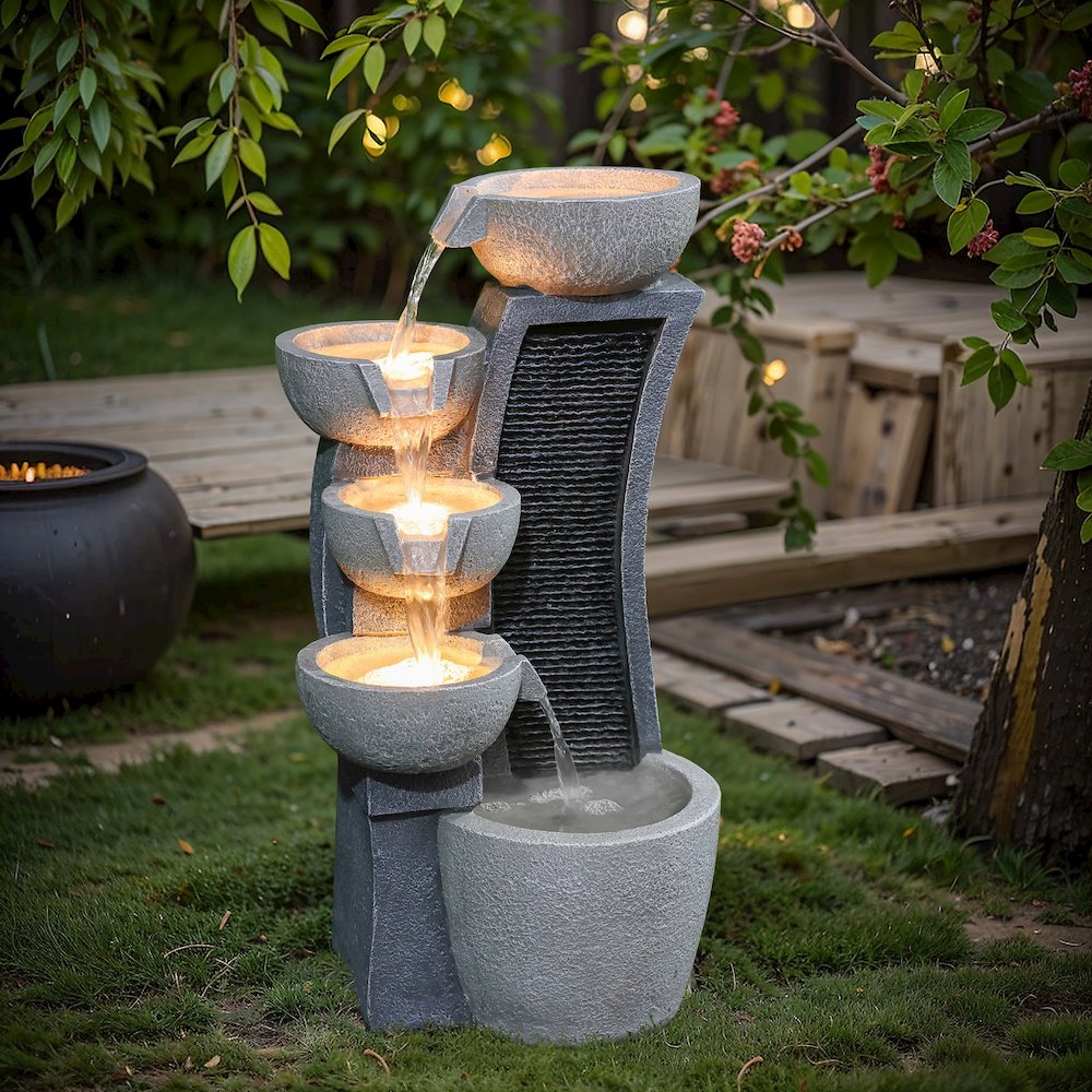 5-Bowl Multi-Gray Modern Sculpture 26-Inch Tall Resin Fountain with Lights. Picture 2