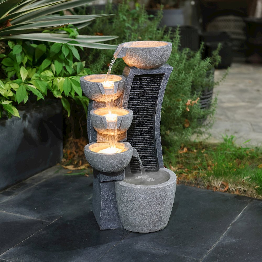5-Bowl Multi-Gray Modern Sculpture 26-Inch Tall Resin Fountain with Lights. Picture 3