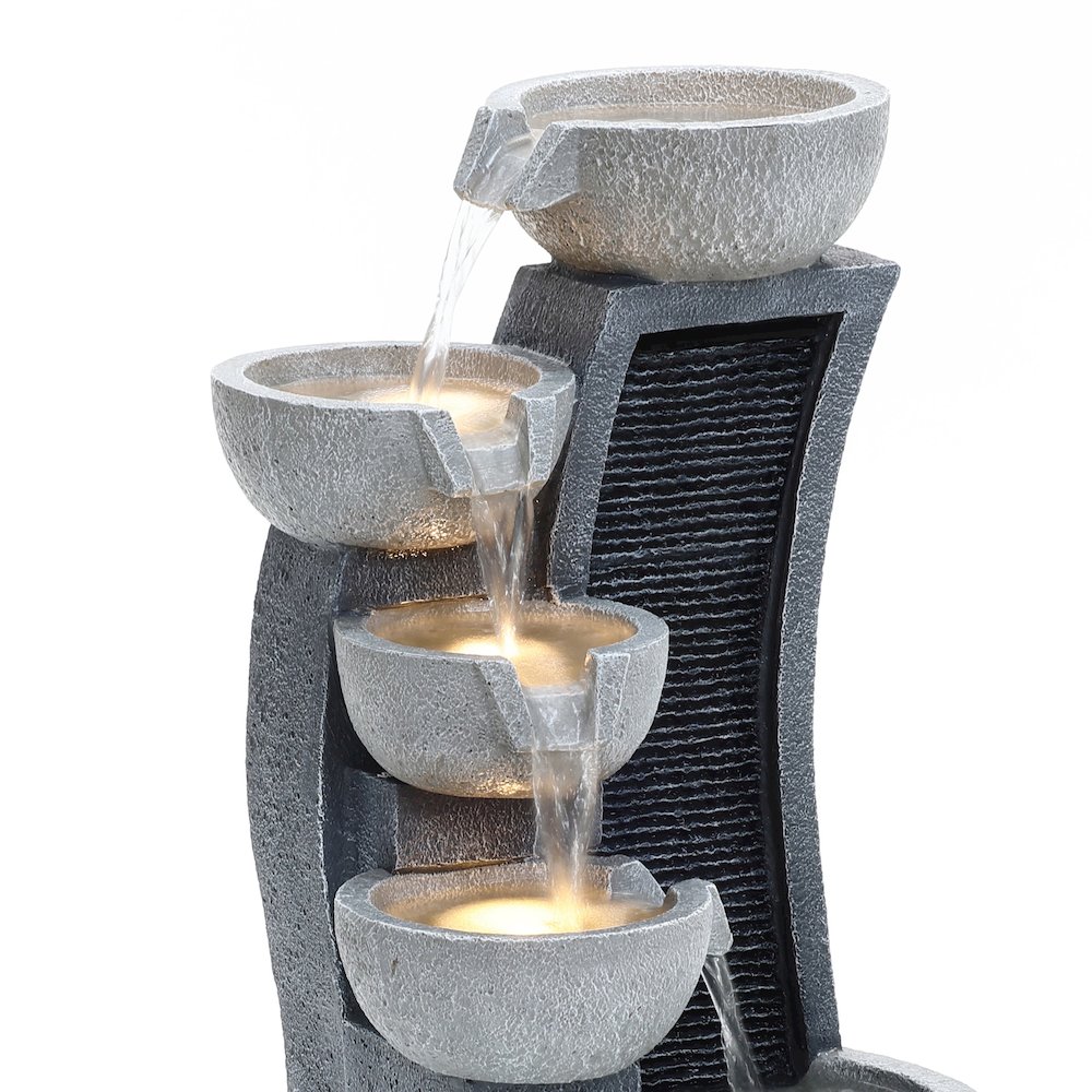 5-Bowl Multi-Gray Modern Sculpture 26-Inch Tall Resin Fountain with Lights. Picture 4