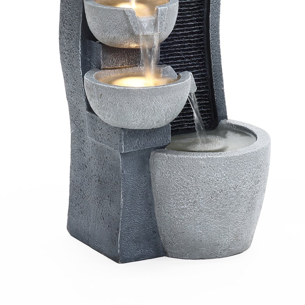 5-Bowl Multi-Gray Modern Sculpture 26-Inch Tall Resin Fountain with Lights. Picture 5