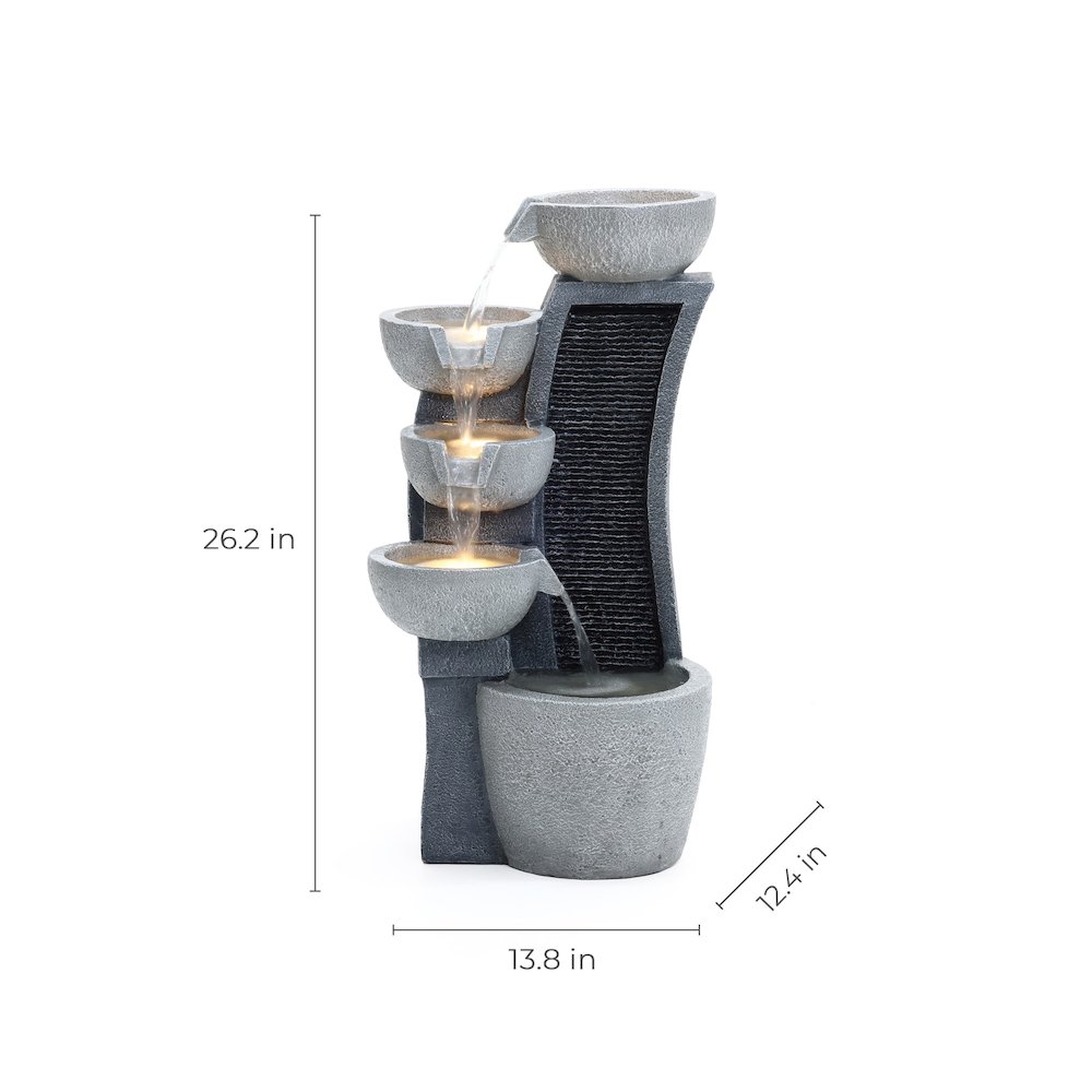 5-Bowl Multi-Gray Modern Sculpture 26-Inch Tall Resin Fountain with Lights. Picture 7