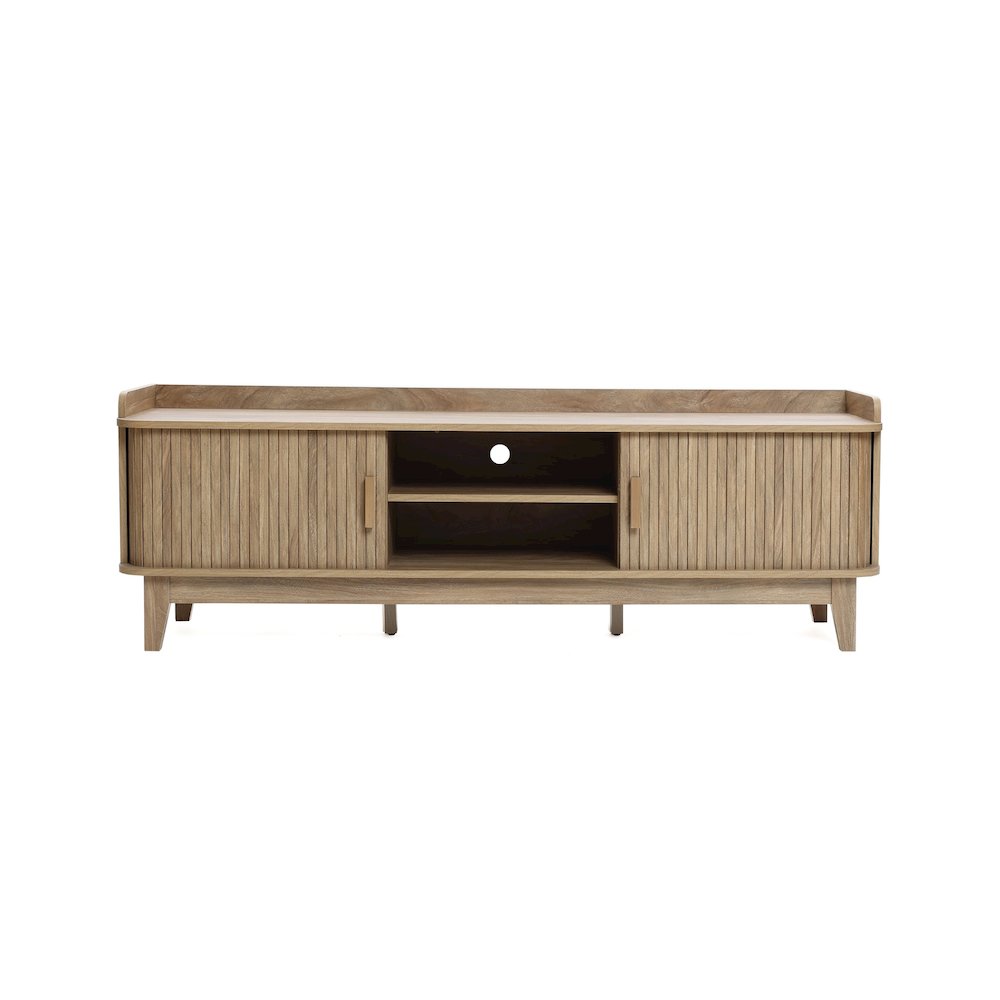Mid-Century Modern Tambour-Style 2-Door 63-Inch Wide TV Stand with Tray Top, Oak. Picture 1