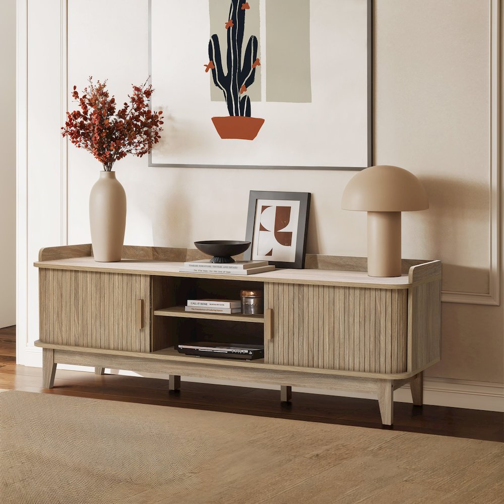 Mid-Century Modern Tambour-Style 2-Door 63-Inch Wide TV Stand with Tray Top, Oak. Picture 4