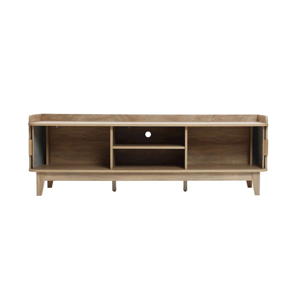 Mid-Century Modern Tambour-Style 2-Door 63-Inch Wide TV Stand with Tray Top, Oak. Picture 6