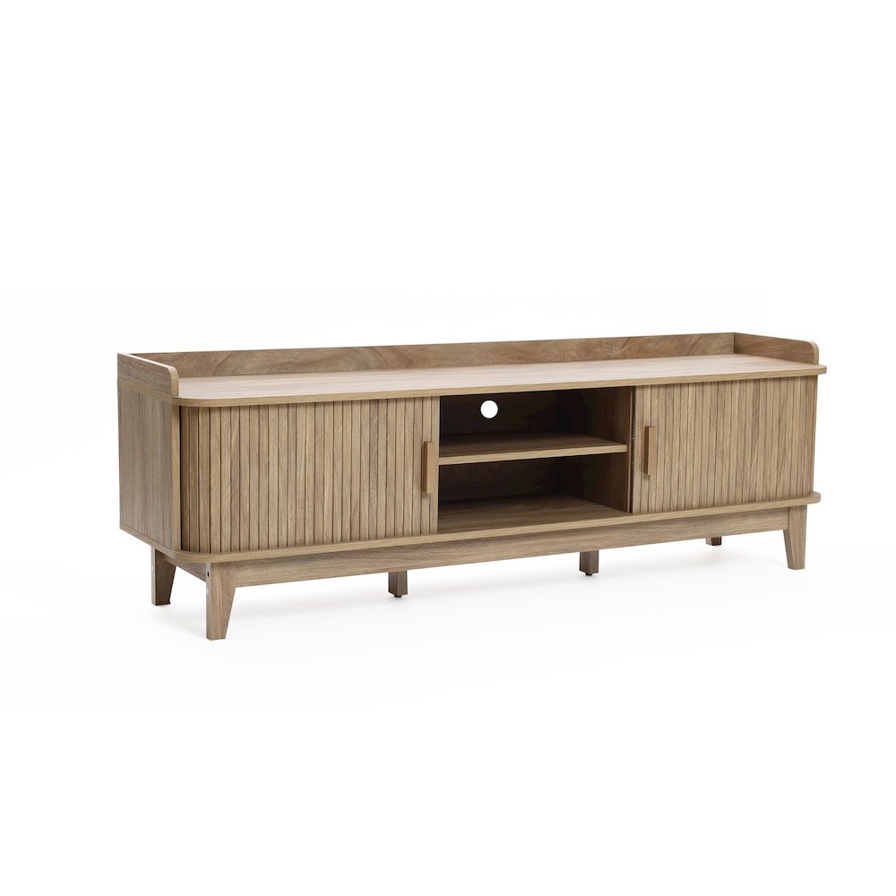 Mid-Century Modern Tambour-Style 2-Door 63-Inch Wide TV Stand with Tray Top, Oak. Picture 5