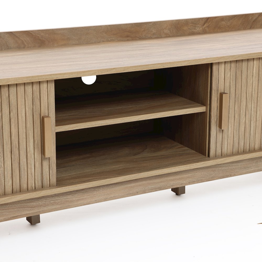 Mid-Century Modern Tambour-Style 2-Door 63-Inch Wide TV Stand with Tray Top, Oak. Picture 8
