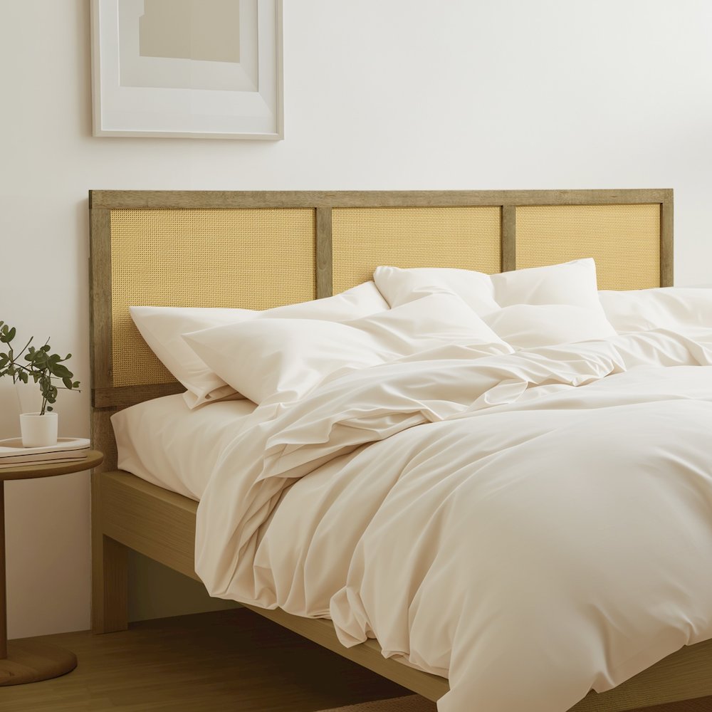 Natural Finish Rubberwood with Rattan Panels Headboard, Queen. Picture 5