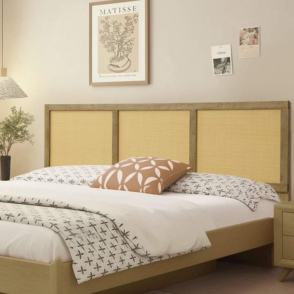 Natural Finish Rubberwood with Rattan Panels Headboard, Queen. Picture 3