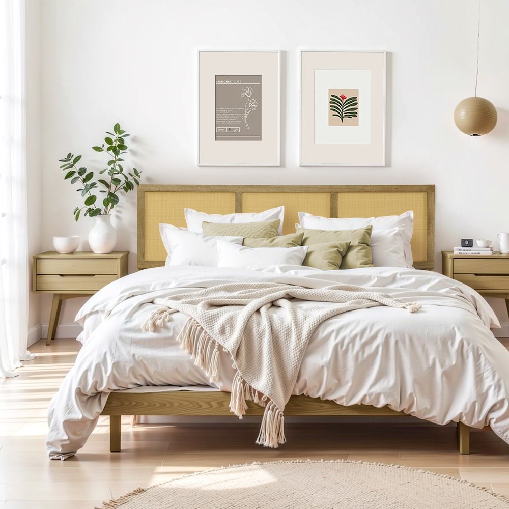Natural Finish Rubberwood with Rattan Panels Headboard, Queen. Picture 6