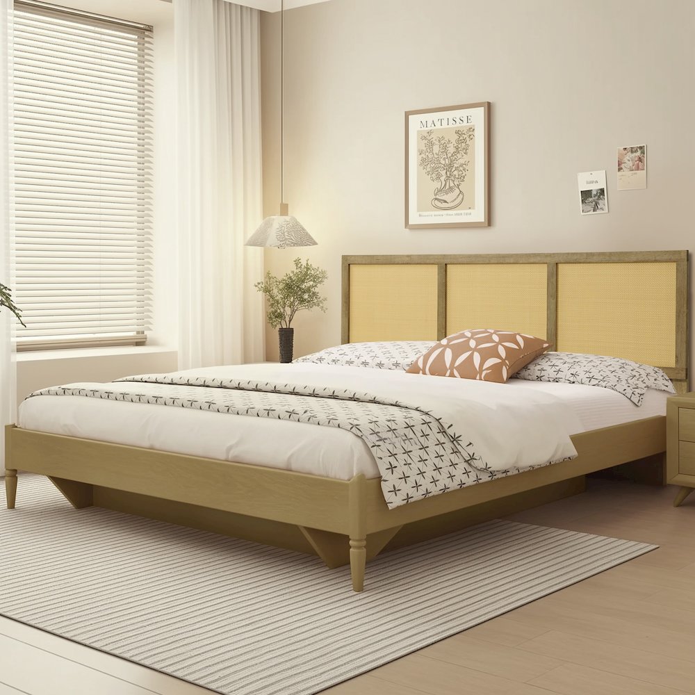 Natural Finish Rubberwood with Rattan Panels Headboard, Queen. Picture 2